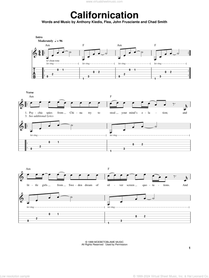 Californication sheet music for guitar solo (easy tablature) by Red Hot Chili Peppers, Anthony Kiedis, Chad Smith, Flea and John Frusciante, easy guitar (easy tablature)