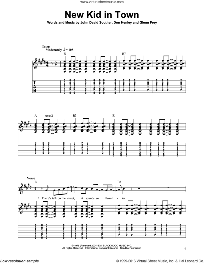 New Kid In Town sheet music for guitar solo (easy tablature) by Don Henley, The Eagles, Glenn Frey and John David Souther, easy guitar (easy tablature)