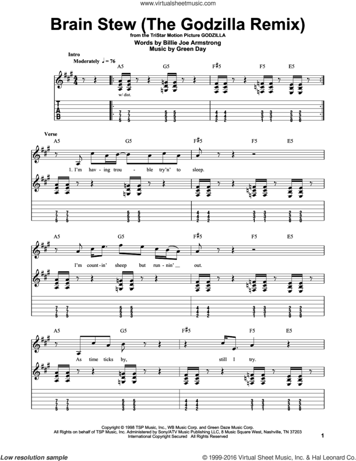 Brain Stew (The Godzilla Remix) sheet music for guitar solo (easy tablature) by Green Day and Billie Joe Armstrong, easy guitar (easy tablature)