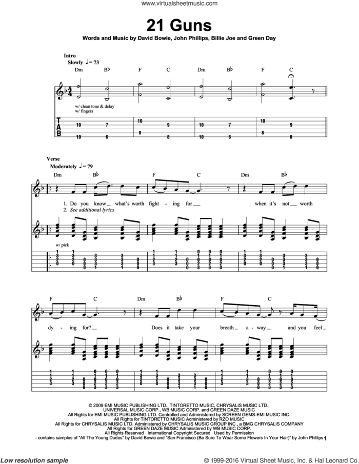21 Guns sheet music for guitar solo (easy tablature) by Green Day, Billie Joe, David Bowie and John Phillips, easy guitar (easy tablature)