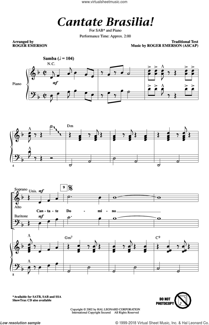 Cantate Brasilia sheet music for choir (SAB: soprano, alto, bass) by Roger Emerson, intermediate skill level