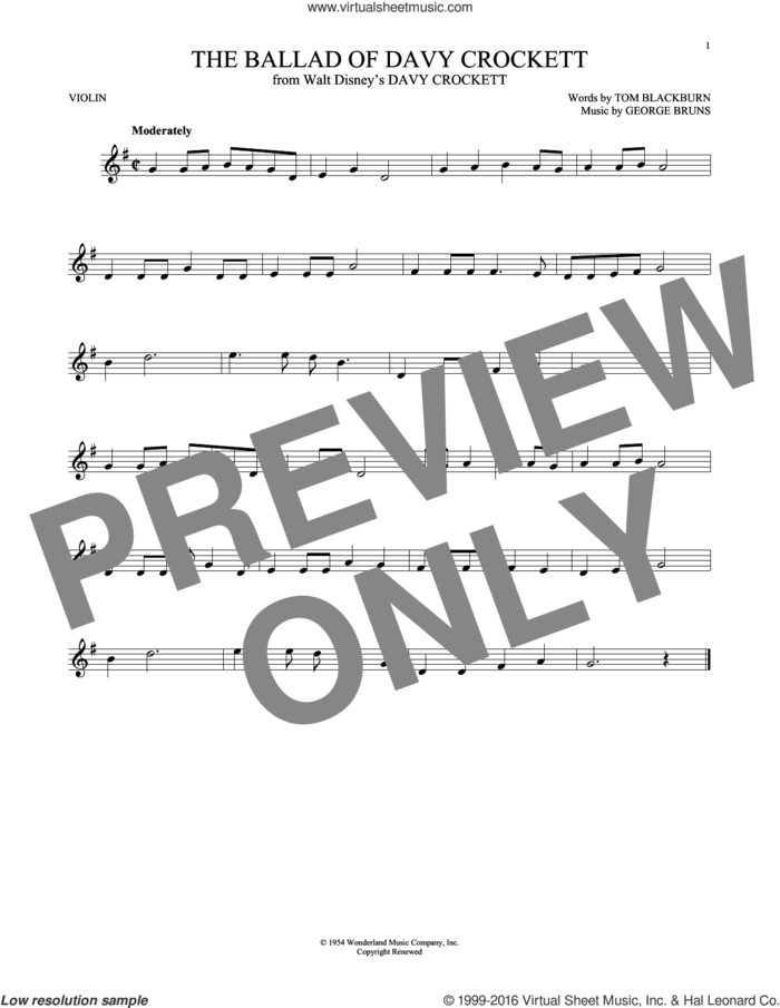 The Ballad Of Davy Crockett (from Davy Crockett) sheet music for violin solo by George Bruns, Bill Hayes, Fess Parker, Tennessee Ernie Ford and Tom Blackburn, intermediate skill level