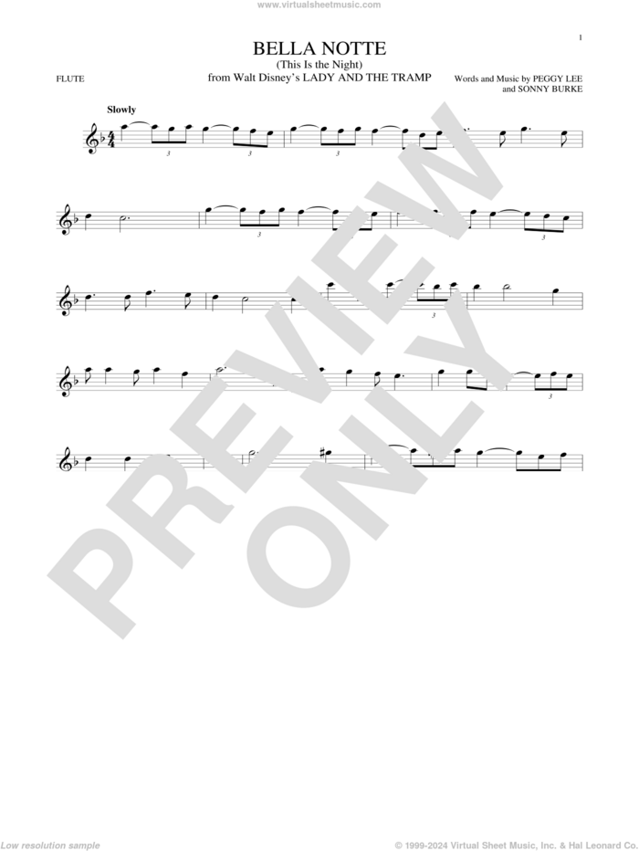 Bella Notte (This Is The Night) (from Lady And The Tramp) sheet music for flute solo by Peggy Lee, Peggy Lee & Sonny Burke and Sonny Burke, intermediate skill level