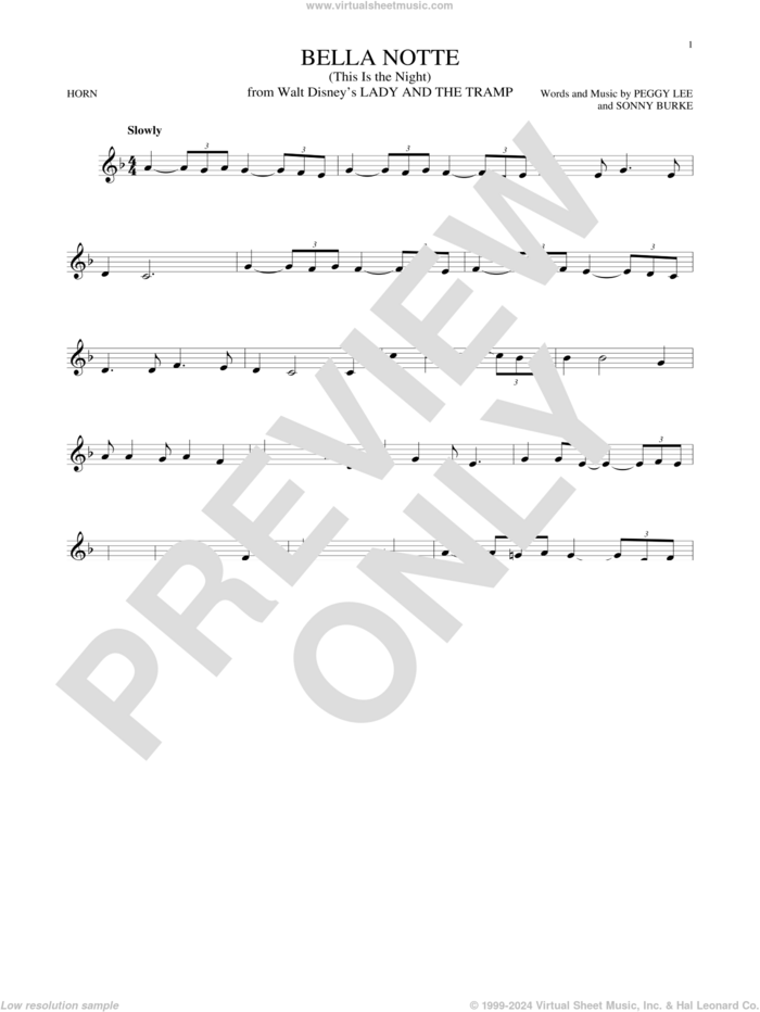 Bella Notte (This Is The Night) (from Lady And The Tramp) sheet music for horn solo by Peggy Lee, Peggy Lee & Sonny Burke and Sonny Burke, intermediate skill level