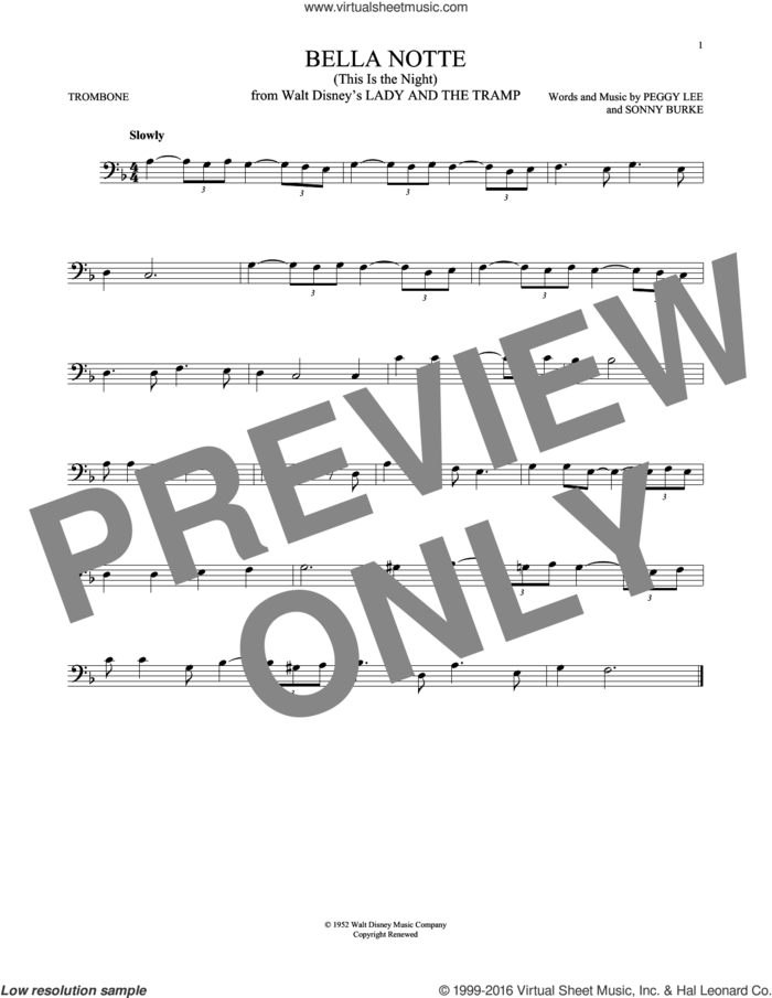 Bella Notte (This Is The Night) (from Lady And The Tramp) sheet music for trombone solo by Peggy Lee, Peggy Lee & Sonny Burke and Sonny Burke, intermediate skill level