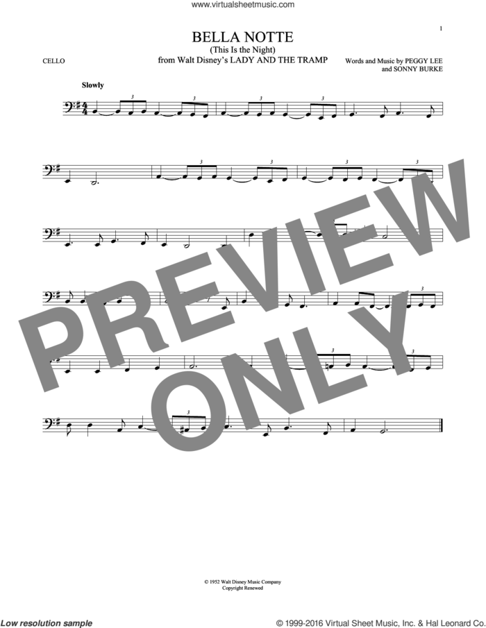 Bella Notte (This Is The Night) (from Lady And The Tramp) sheet music for cello solo by Peggy Lee, Peggy Lee & Sonny Burke and Sonny Burke, intermediate skill level