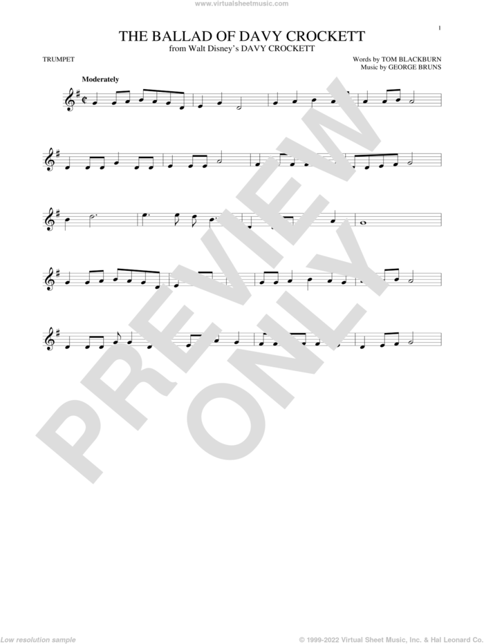 The Ballad Of Davy Crockett (from Davy Crockett) sheet music for trumpet solo by George Bruns, Bill Hayes, Fess Parker, Tennessee Ernie Ford and Tom Blackburn, intermediate skill level