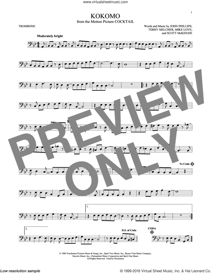 Kokomo sheet music for trombone solo by The Beach Boys, John Phillips, Mike Love, Scott McKenzie and Terry Melcher, intermediate skill level