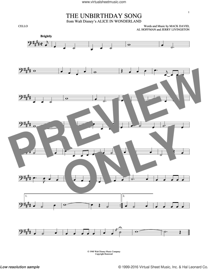 The Unbirthday Song (from Alice In Wonderland) sheet music for cello solo by Mack David, Al Hoffman and Jerry Livingston, Al Hoffman, Jerry Livingston and Mack David, intermediate skill level
