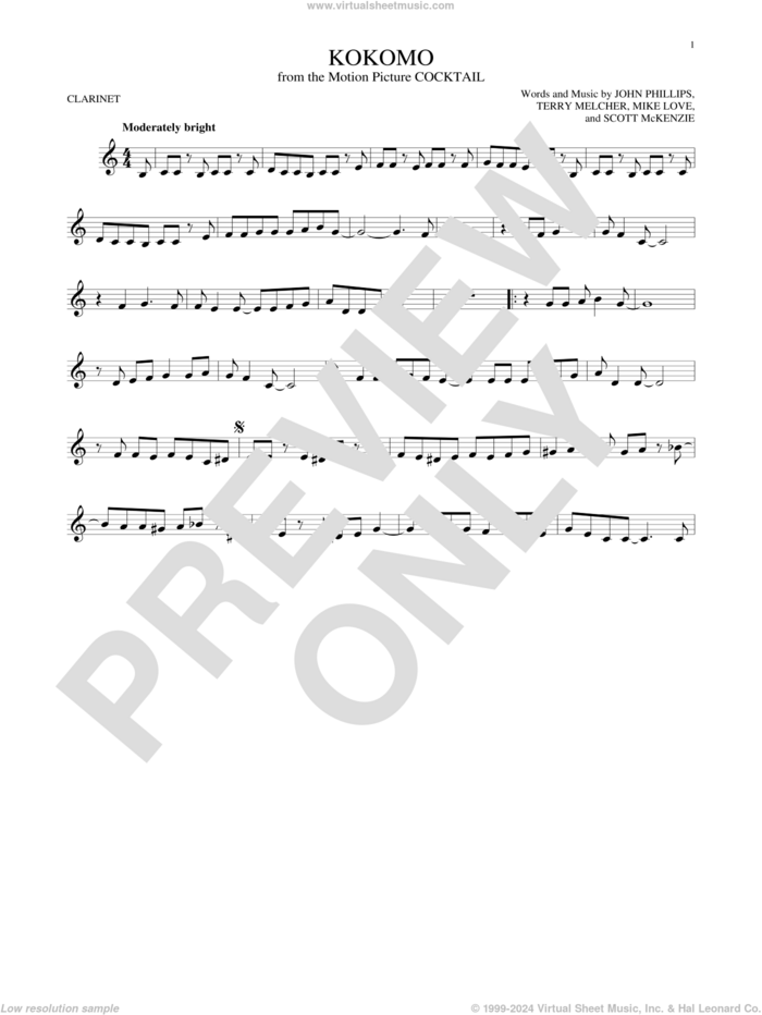 Kokomo sheet music for clarinet solo by The Beach Boys, John Phillips, Mike Love, Scott McKenzie and Terry Melcher, intermediate skill level