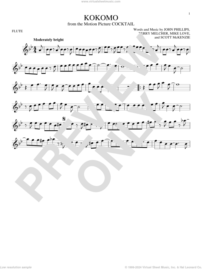 Kokomo sheet music for flute solo by The Beach Boys, John Phillips, Mike Love, Scott McKenzie and Terry Melcher, intermediate skill level