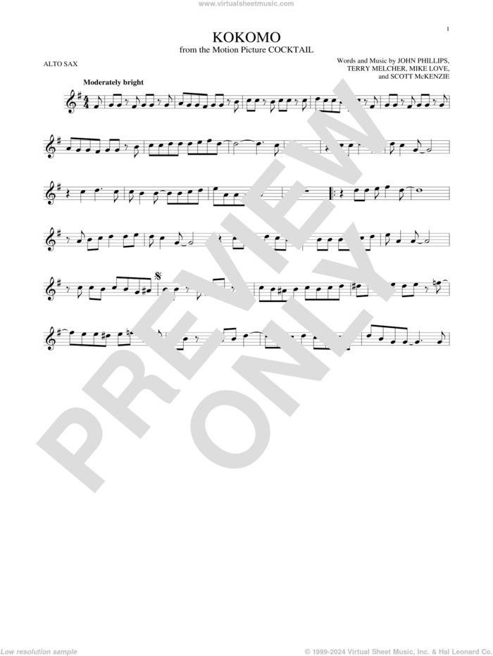 Kokomo sheet music for alto saxophone solo by The Beach Boys, John Phillips, Mike Love, Scott McKenzie and Terry Melcher, intermediate skill level