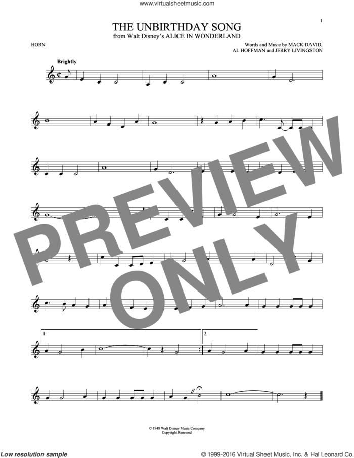 The Unbirthday Song (from Disney's Alice In Wonderland) sheet music for horn solo by Al Hoffman, Jerry Livingston, Mack David and Mack David, Al Hoffman and Jerry Livingston, intermediate skill level