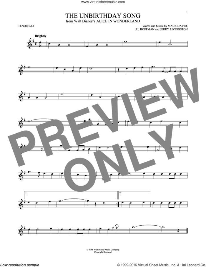 The Unbirthday Song (from Alice In Wonderland) sheet music for tenor saxophone solo by Mack David, Al Hoffman and Jerry Livingston, Al Hoffman, Jerry Livingston and Mack David, intermediate skill level
