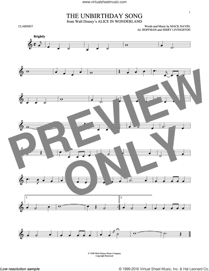 The Unbirthday Song (from Alice In Wonderland) sheet music for clarinet solo by Al Hoffman, Jerry Livingston, Mack David and Mack David, Al Hoffman and Jerry Livingston, intermediate skill level