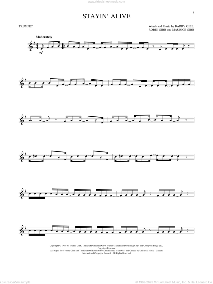 Stayin' Alive sheet music for trumpet solo by Barry Gibb, Bee Gees, Maurice Gibb and Robin Gibb, intermediate skill level