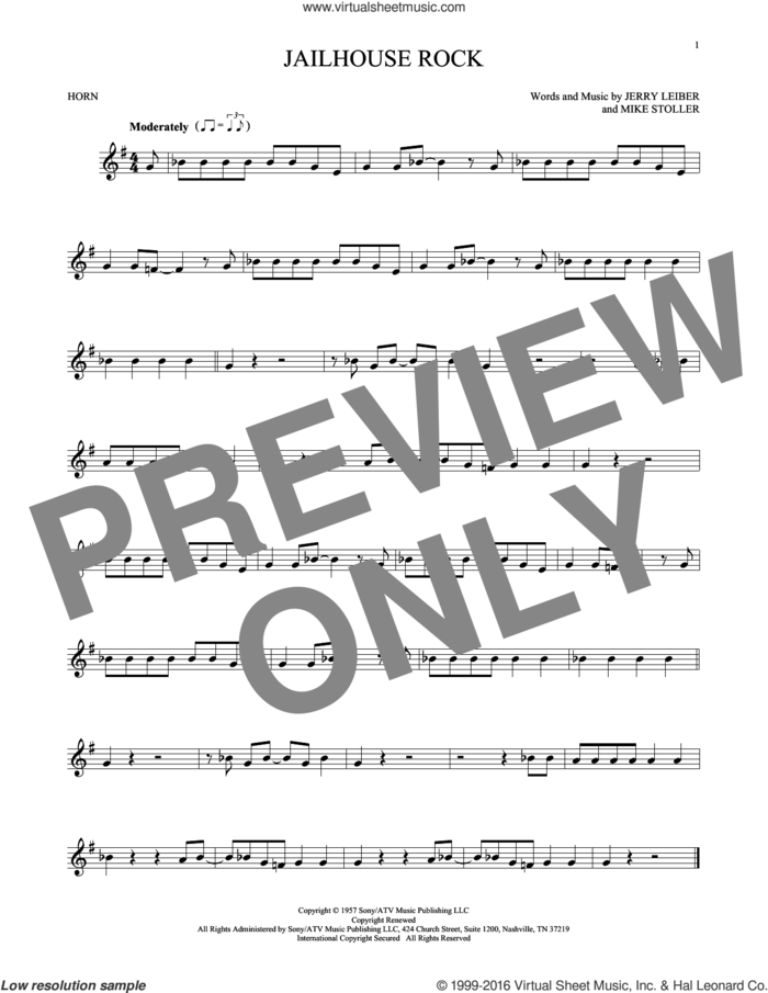 Jailhouse Rock sheet music for horn solo by Elvis Presley, Jerry Leiber and Mike Stoller, intermediate skill level