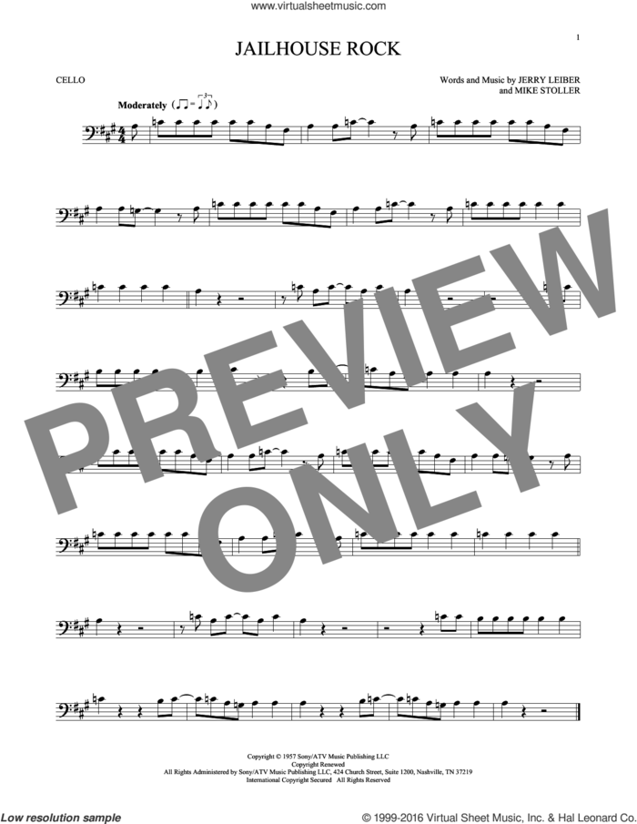 Jailhouse Rock sheet music for cello solo by Elvis Presley, Jerry Leiber and Mike Stoller, intermediate skill level
