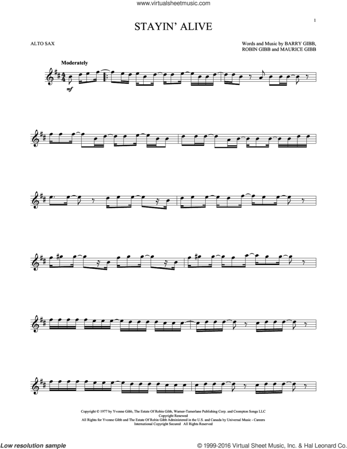 Stayin' Alive sheet music for alto saxophone solo by Barry Gibb, Bee Gees, Maurice Gibb and Robin Gibb, intermediate skill level