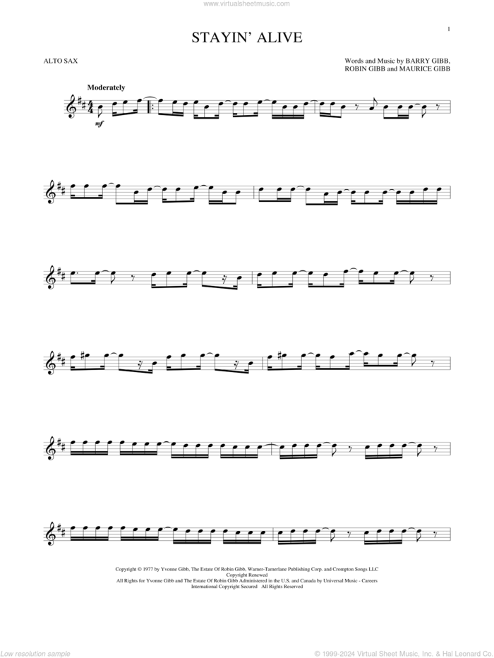 Stayin' Alive sheet music for alto saxophone solo by Barry Gibb, Bee Gees, Maurice Gibb and Robin Gibb, intermediate skill level