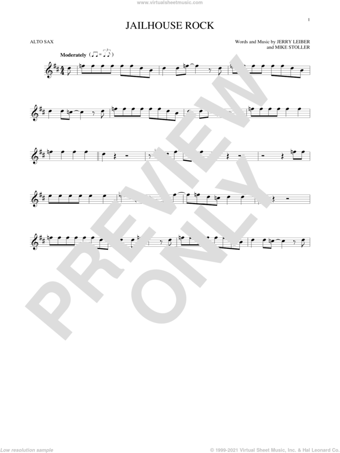 Jailhouse Rock sheet music for alto saxophone solo by Elvis Presley, Jerry Leiber and Mike Stoller, intermediate skill level