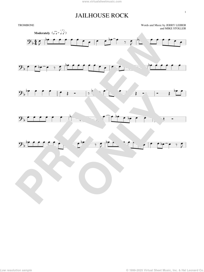 Jailhouse Rock sheet music for trombone solo by Elvis Presley, Jerry Leiber and Mike Stoller, intermediate skill level