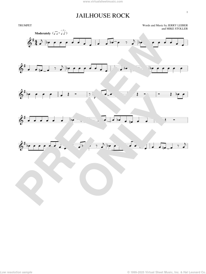 Jailhouse Rock sheet music for trumpet solo by Elvis Presley, Jerry Leiber and Mike Stoller, intermediate skill level