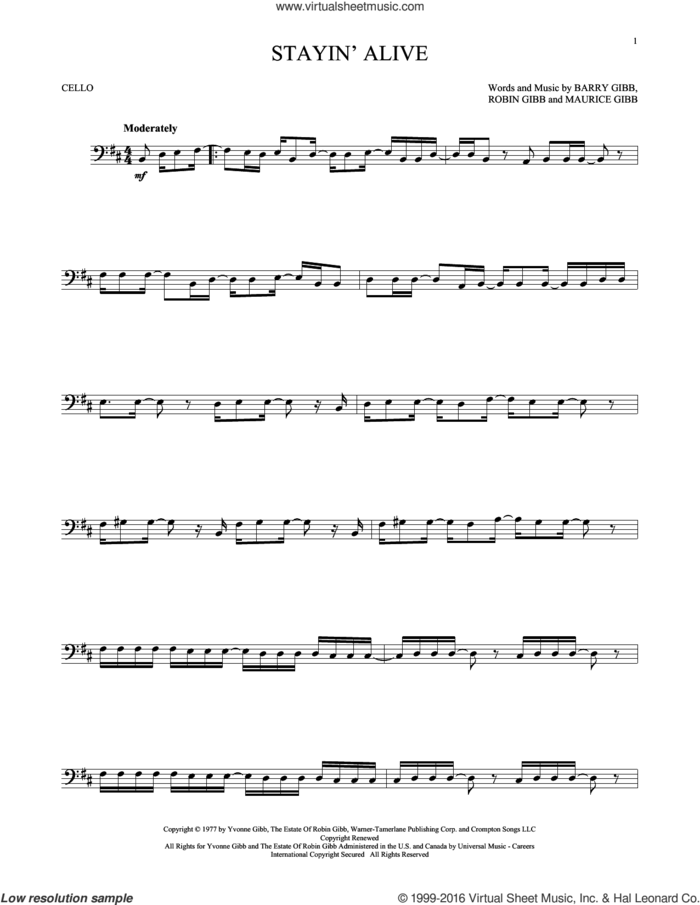 Stayin' Alive sheet music for cello solo by Barry Gibb, Bee Gees, Maurice Gibb and Robin Gibb, intermediate skill level