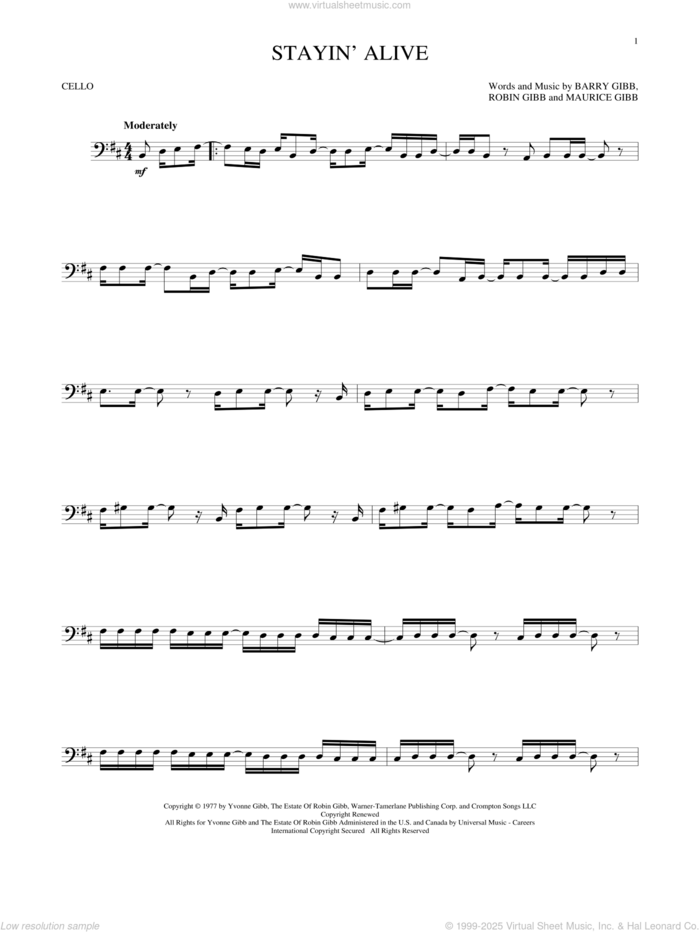 Stayin' Alive sheet music for cello solo by Barry Gibb, Bee Gees, Maurice Gibb and Robin Gibb, intermediate skill level