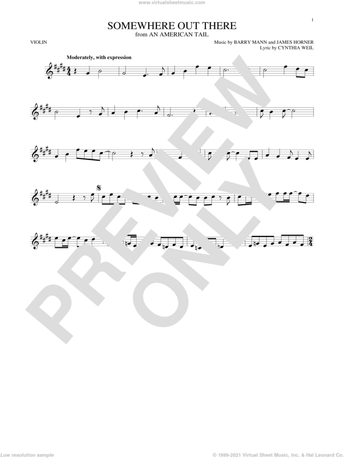 Somewhere Out There sheet music for violin solo by Linda Ronstadt & James Ingram, Barry Mann, Cynthia Weil and James Horner, intermediate skill level