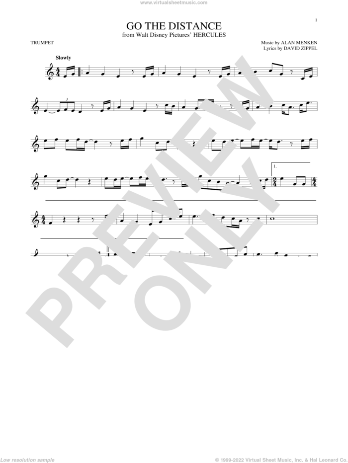 Go The Distance (from Hercules) sheet music for trumpet solo by Michael Bolton, Alan Menken and David Zippel, intermediate skill level