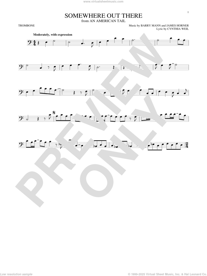 Somewhere Out There sheet music for trombone solo by Linda Ronstadt & James Ingram, Barry Mann, Cynthia Weil and James Horner, intermediate skill level