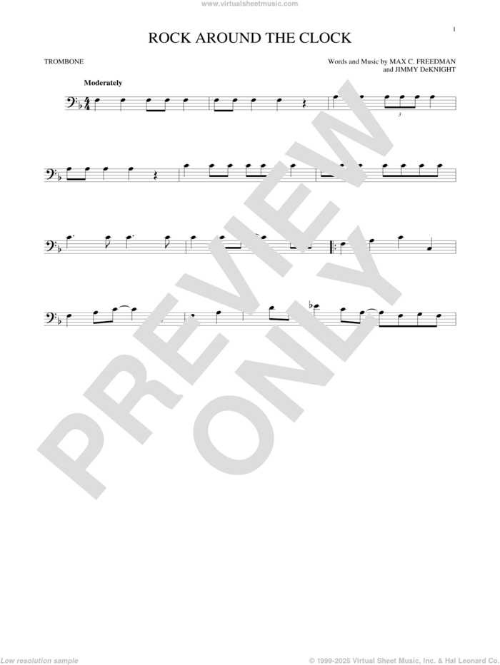 Rock Around The Clock sheet music for trombone solo by Bill Haley & His Comets, Jimmy DeKnight and Max C. Freedman, intermediate skill level