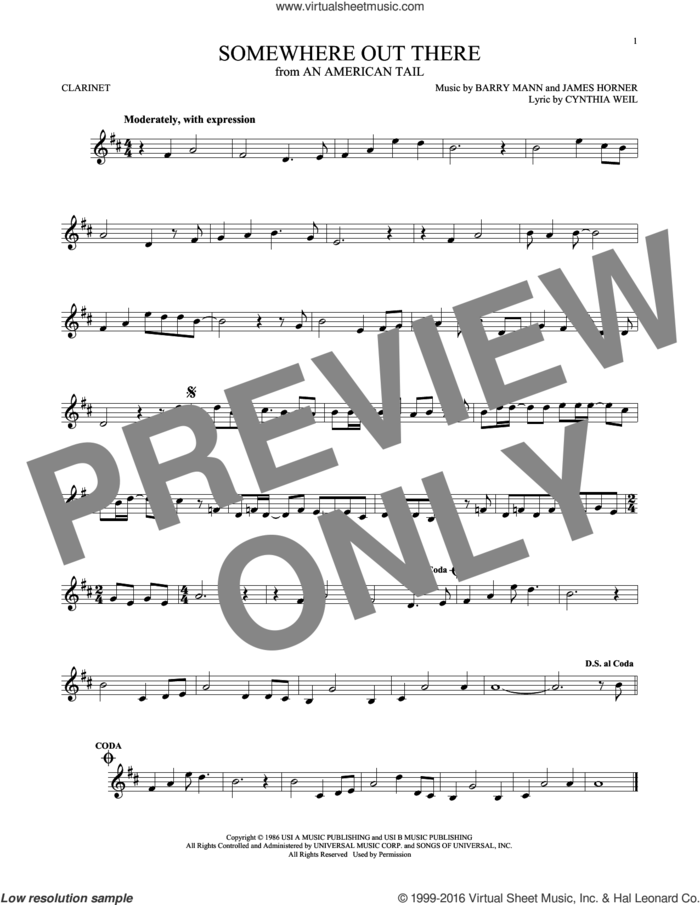 Somewhere Out There (from An American Tail) sheet music for clarinet solo by Linda Ronstadt & James Ingram, Barry Mann, Cynthia Weil and James Horner, intermediate skill level