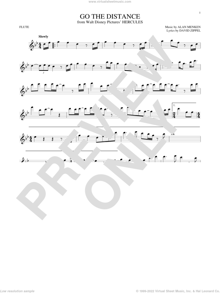 Go The Distance (from Hercules) sheet music for flute solo by Michael Bolton, Alan Menken and David Zippel, intermediate skill level
