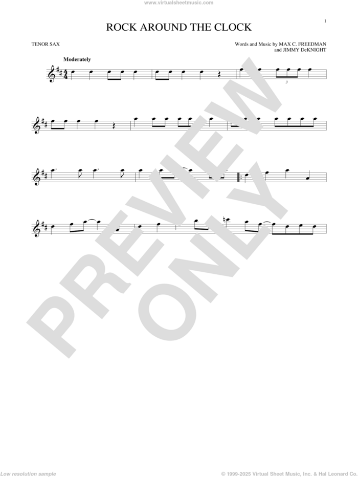 Rock Around The Clock sheet music for tenor saxophone solo by Bill Haley & His Comets, Jimmy DeKnight and Max C. Freedman, intermediate skill level