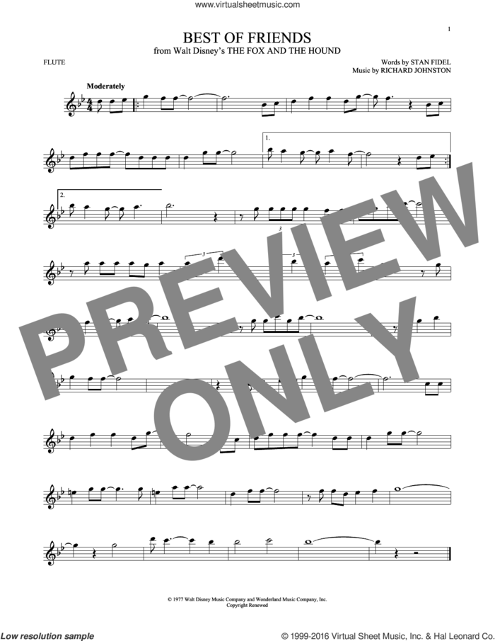 Best Of Friends (from The Fox And The Hound) sheet music for flute solo by Richard Johnston, Pearl Bailey and Stan Fidel, intermediate skill level