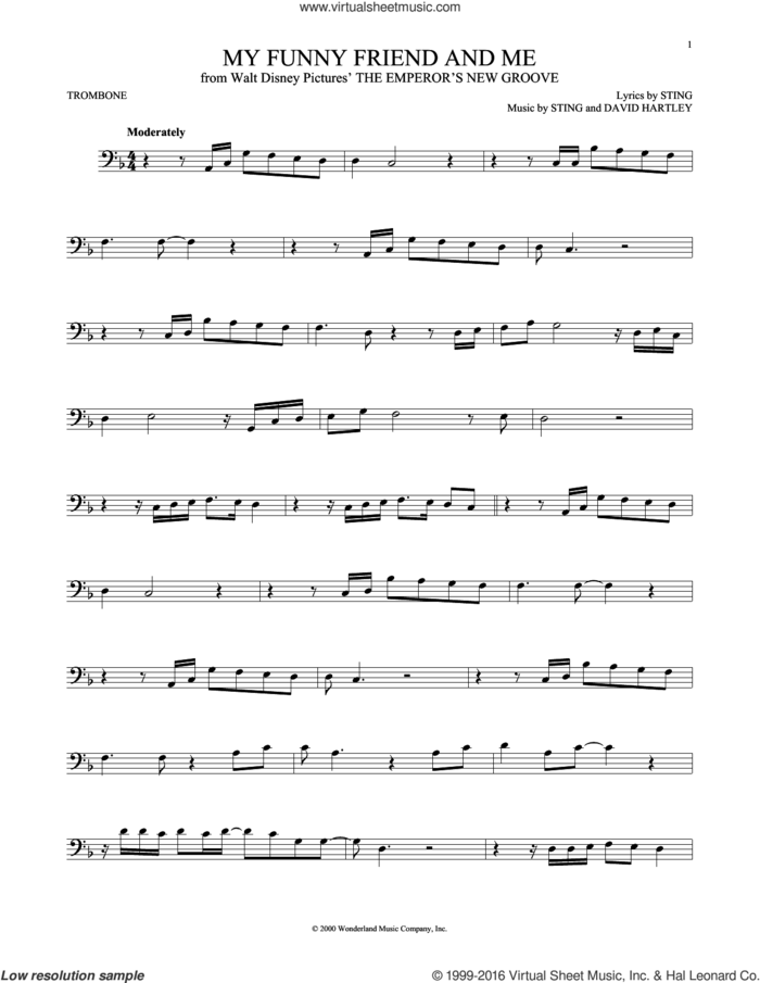 My Funny Friend And Me (from The Emperor's New Groove) sheet music for trombone solo by Sting and David Hartley, intermediate skill level