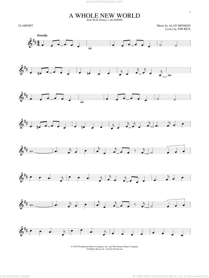 A Whole New World (from Aladdin) sheet music for clarinet solo by Alan Menken, Alan Menken & Tim Rice, Tim Rice and Tim Rice & Alan Menken, wedding score, intermediate skill level