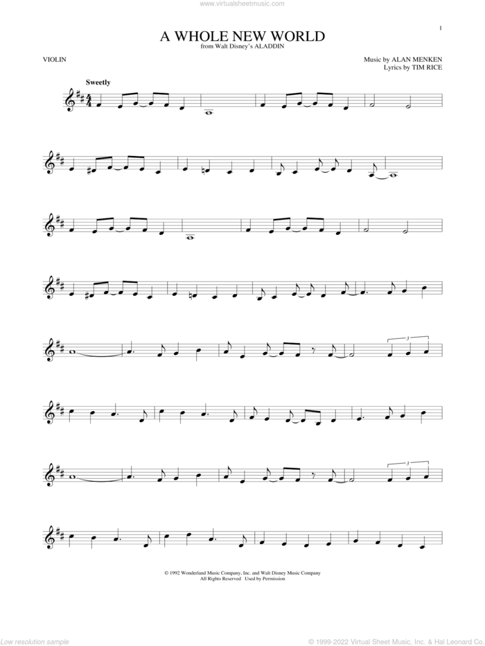 A Whole New World (from Aladdin) sheet music for violin solo by Alan Menken, Alan Menken & Tim Rice, Tim Rice and Tim Rice & Alan Menken, wedding score, intermediate skill level