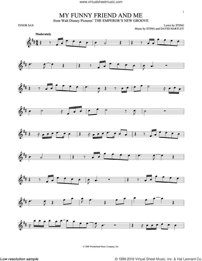 My Funny Friend And Me (from The Emperor's New Groove) sheet music for tenor saxophone solo by Sting and David Hartley, intermediate skill level