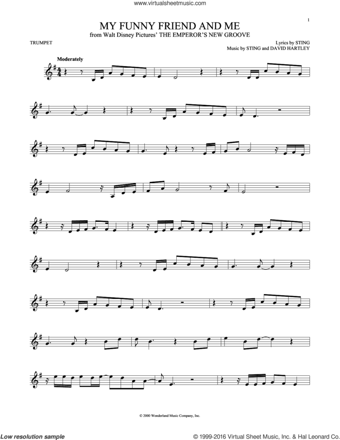 My Funny Friend And Me (from The Emperor's New Groove) sheet music for trumpet solo by Sting and David Hartley, intermediate skill level