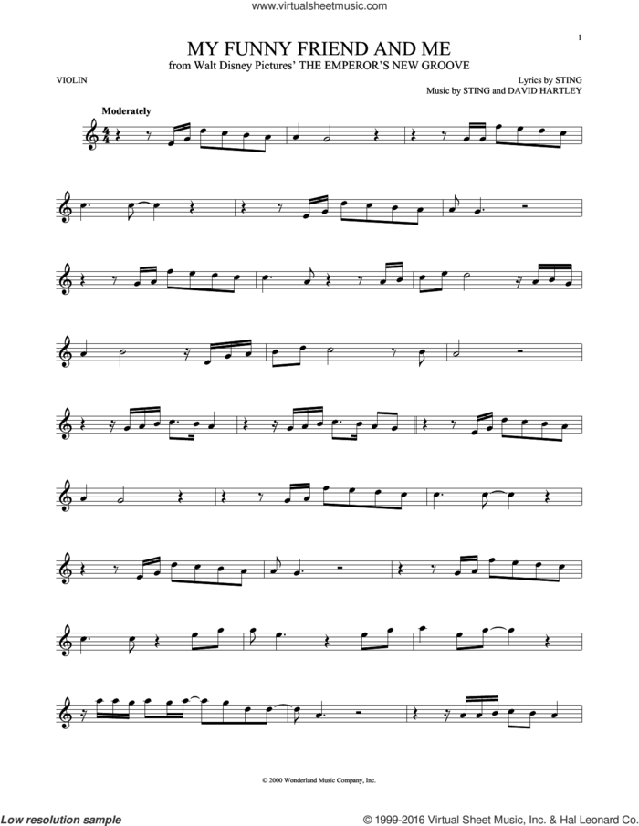 My Funny Friend And Me (from The Emperor's New Groove) sheet music for violin solo by Sting and David Hartley, intermediate skill level