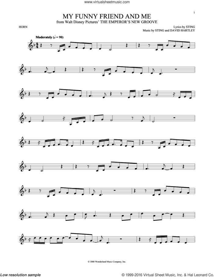 My Funny Friend And Me (from The Emperor's New Groove) sheet music for horn solo by Sting and David Hartley, intermediate skill level