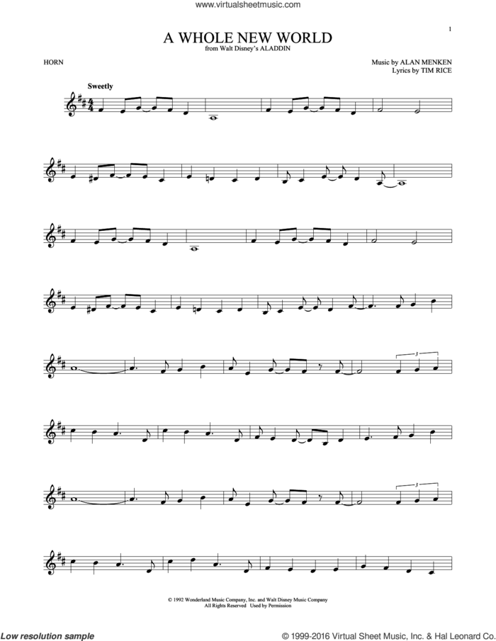 A Whole New World (from Aladdin) sheet music for horn solo by Alan Menken, Tim Rice and Tim Rice & Alan Menken, wedding score, intermediate skill level