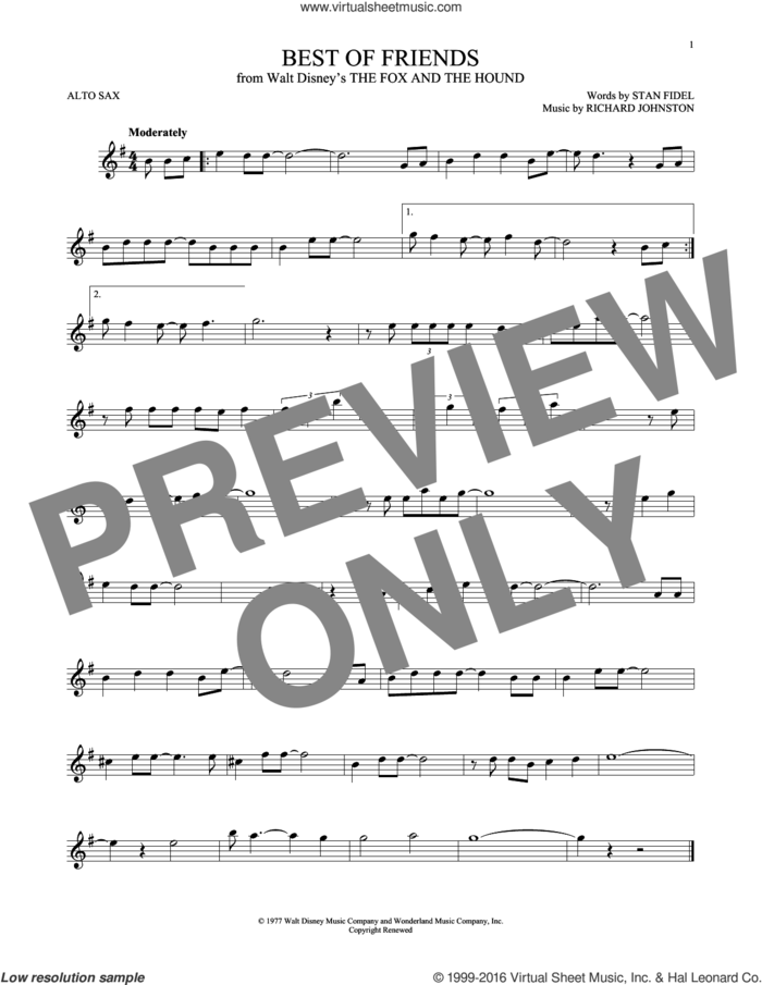 Best Of Friends (from The Fox And The Hound) sheet music for alto saxophone solo by Richard Johnston, Pearl Bailey and Stan Fidel, intermediate skill level