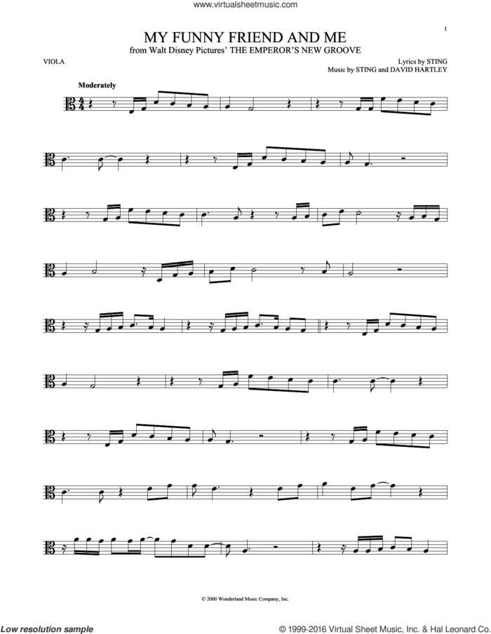 My Funny Friend And Me (from The Emperor's New Groove) sheet music for viola solo by Sting and David Hartley, intermediate skill level