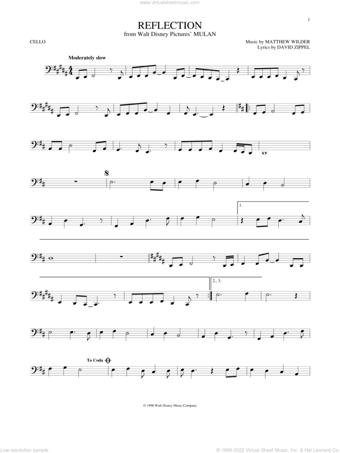 Reflection (Pop Version) (from Mulan) sheet music for cello solo by Christina Aguilera, David Zippel and Matthew Wilder, intermediate skill level