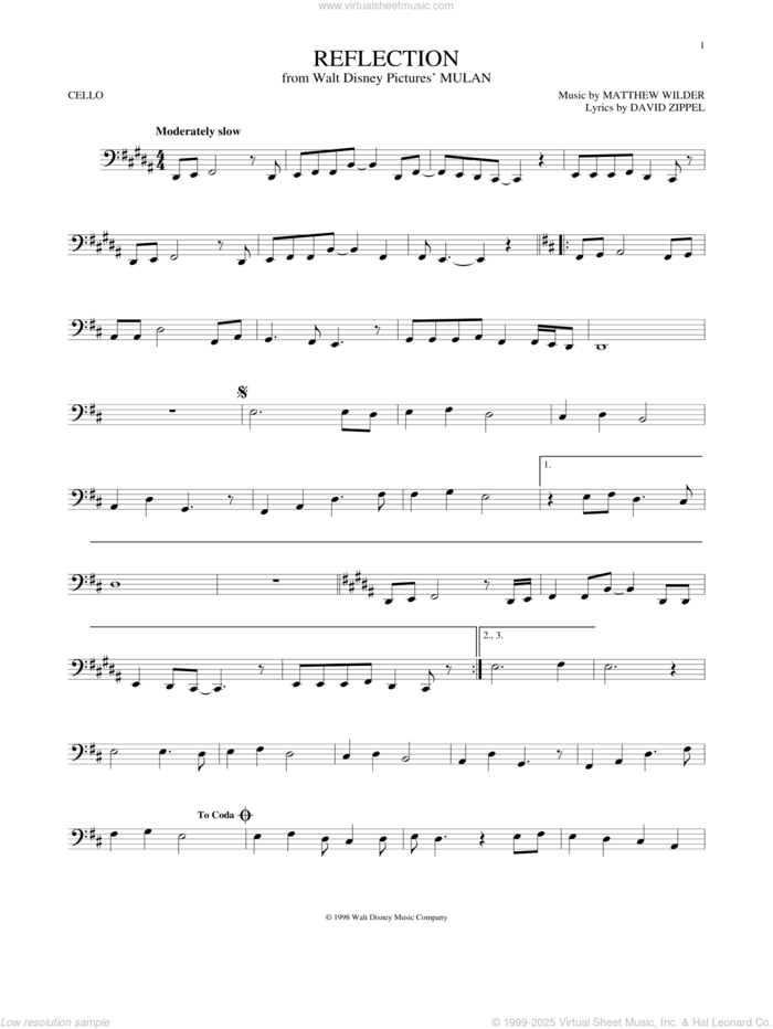 Reflection (Pop Version) (from Mulan) sheet music for cello solo by Christina Aguilera, David Zippel and Matthew Wilder, intermediate skill level