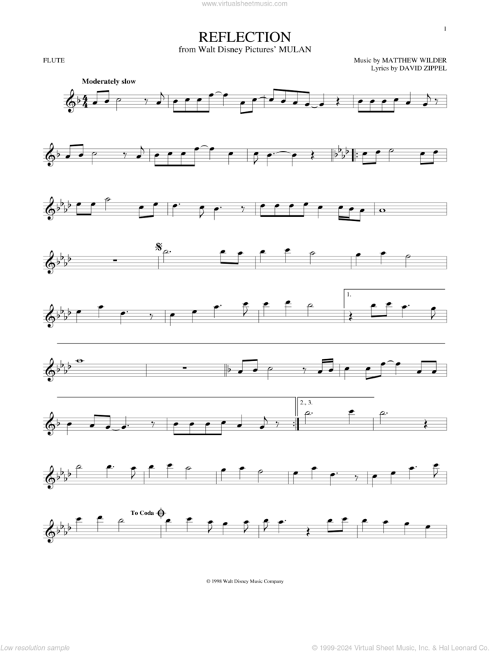 Reflection (Pop Version) (from Mulan) sheet music for flute solo by Christina Aguilera, David Zippel and Matthew Wilder, intermediate skill level